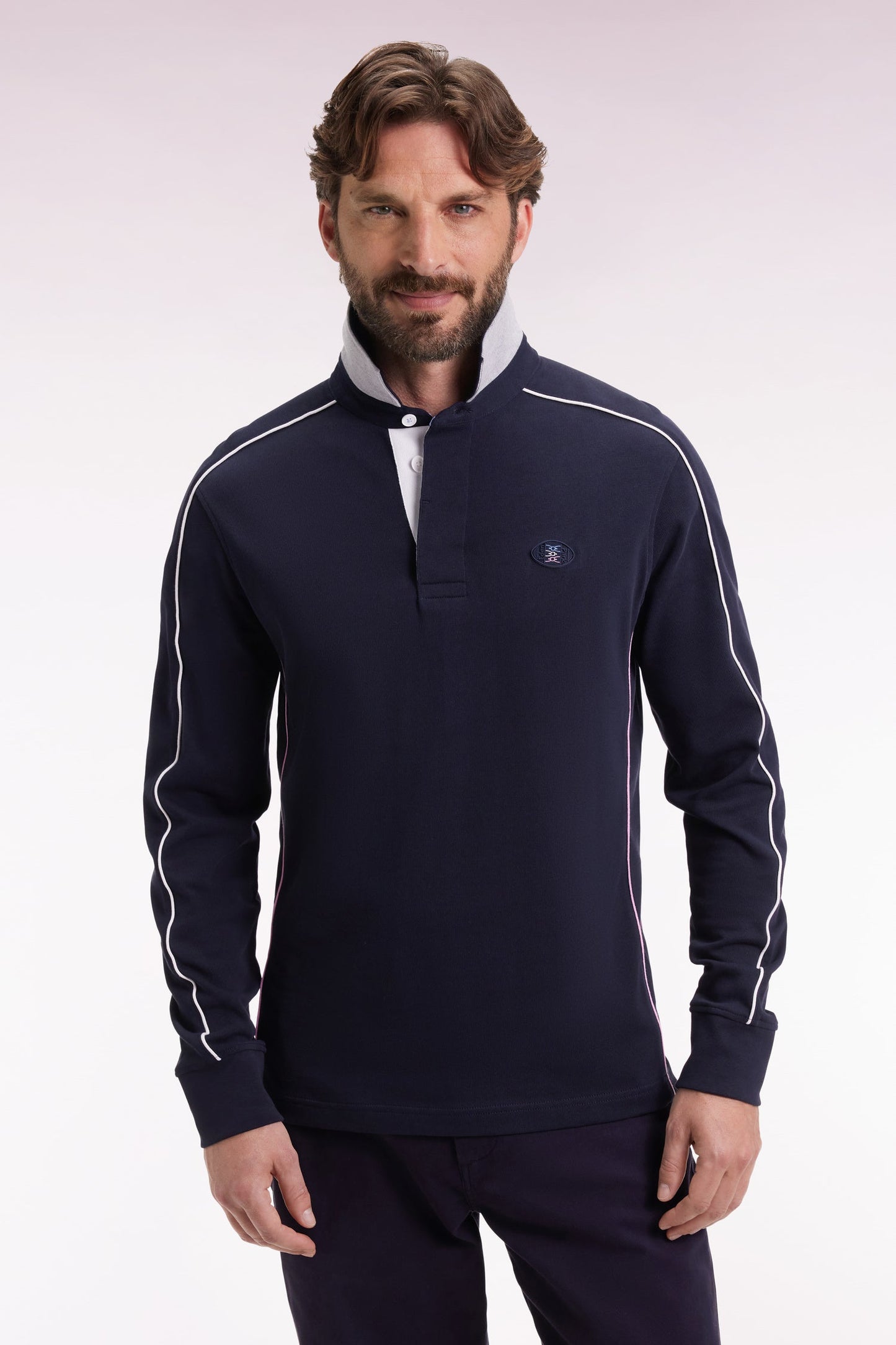 Maillot à manches longues en jersey de coton épais marine passepoils coupe droite