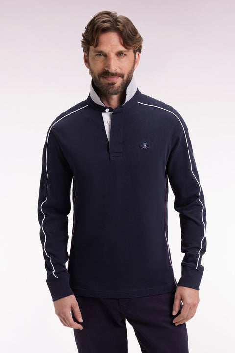 Maillot à manches longues en jersey de coton épais marine passepoils coupe droite - Image 1