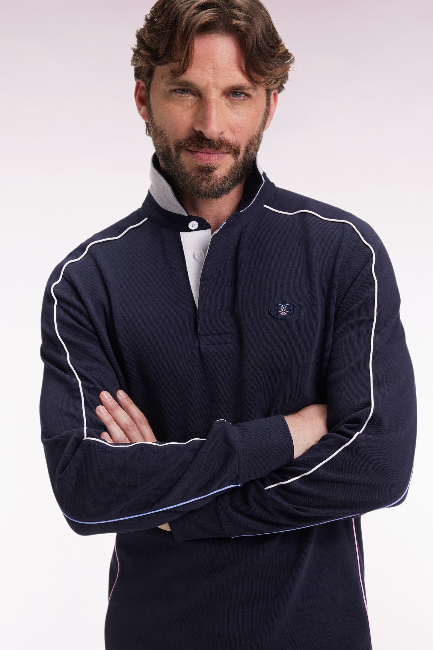 Maillot à manches longues en jersey de coton épais marine passepoils coupe droite