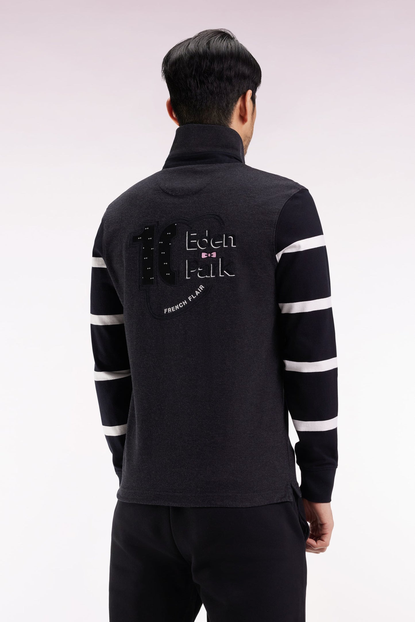 Maillot à manches longues en jersey épais gris manches rayées coupe droite