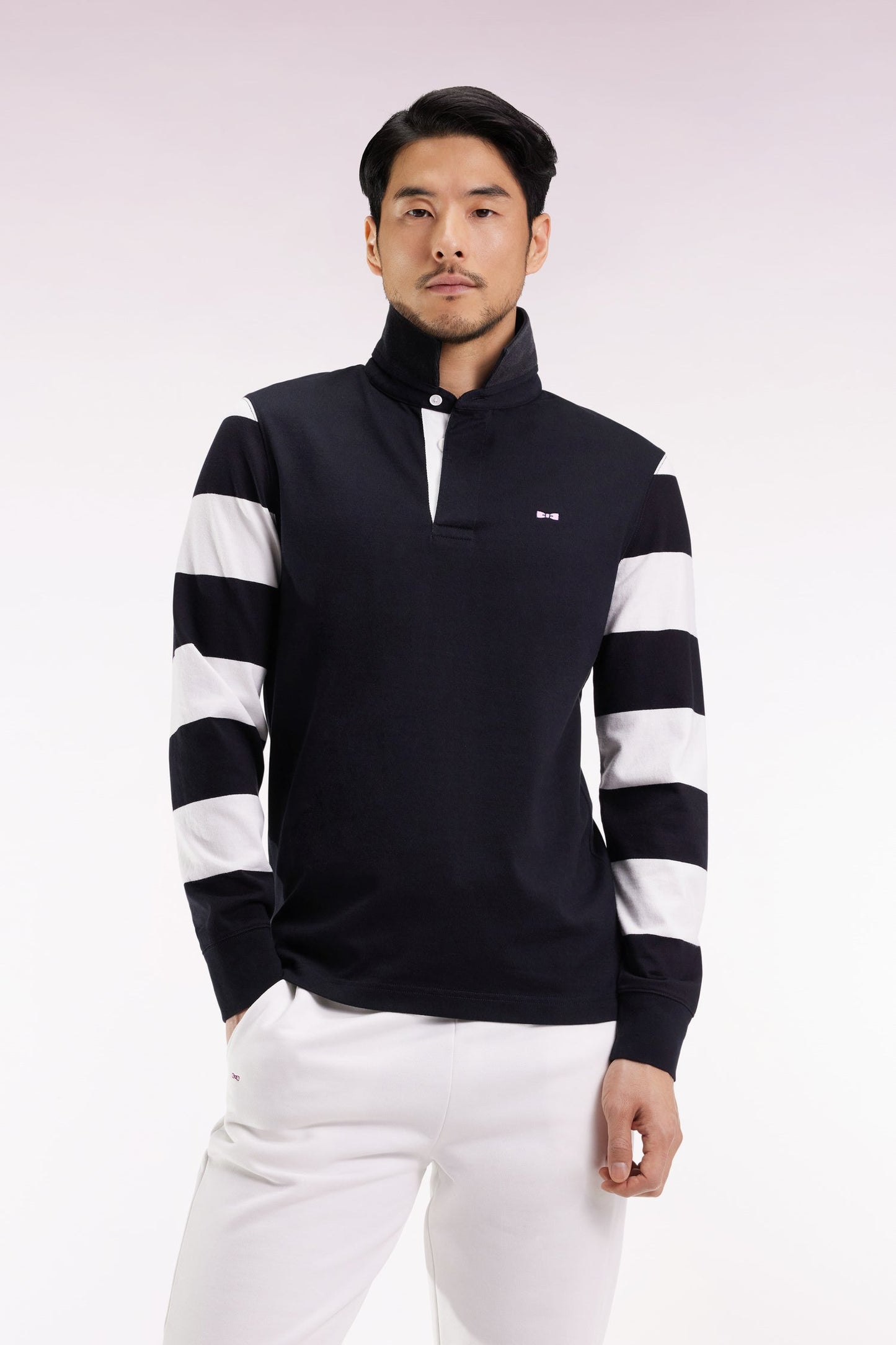 Maillot à manches longues rayées en molleton noir coupe droite