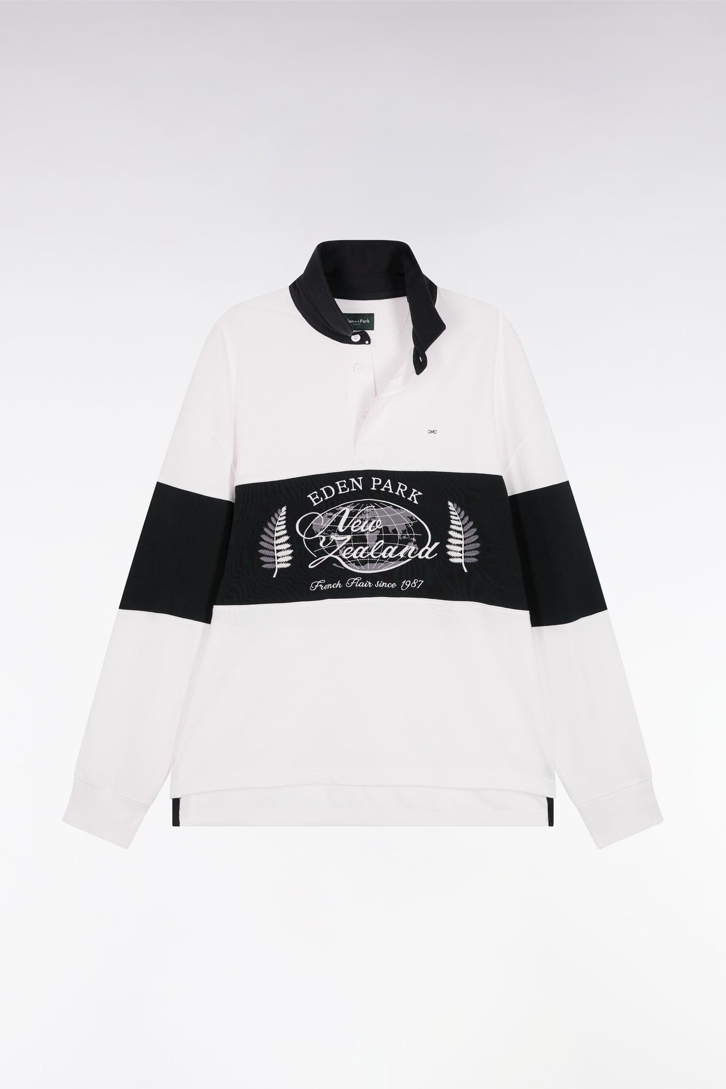 Maillot à manches longues noir et blanc broderie Nouvelle Zélande