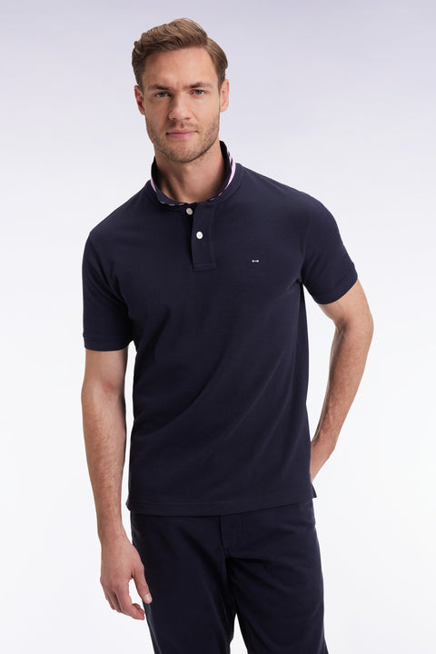 Polo manches courtes en coton Pima marine sous-col rayé coupe droite - Image 1