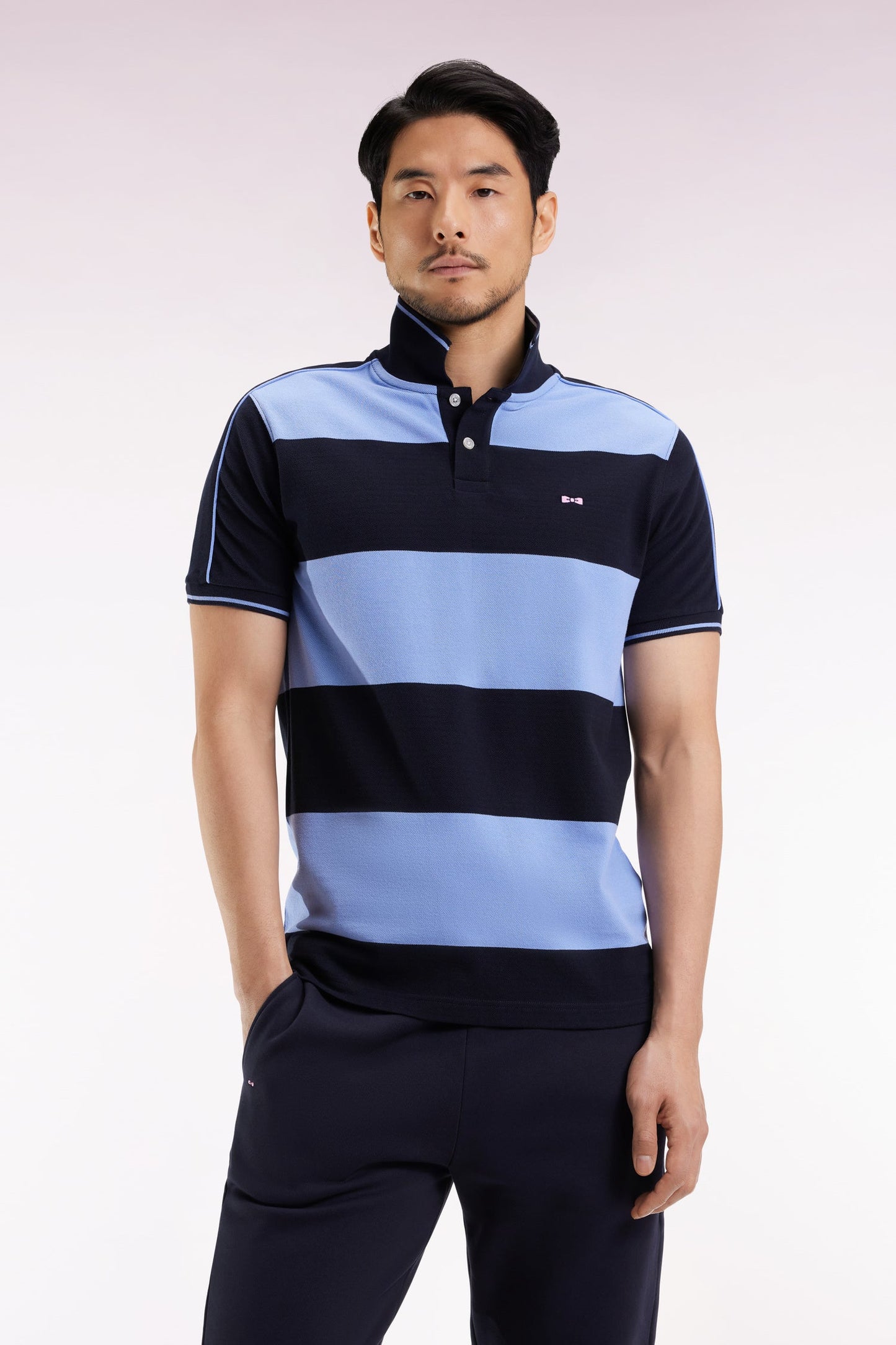 Polo cerclé en piqué coton à manches courtes en coton bleu