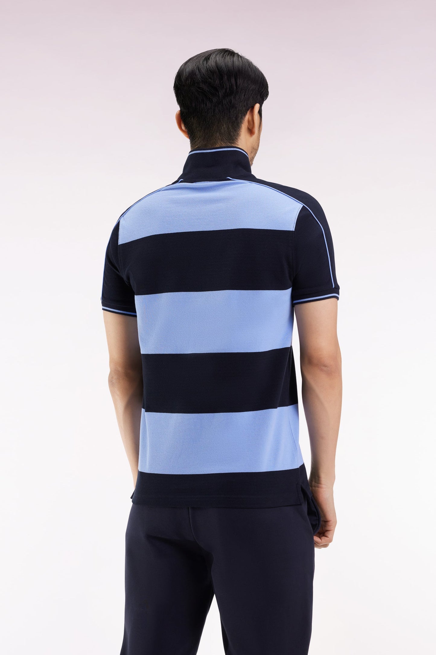 Polo cerclé en piqué coton à manches courtes en coton bleu