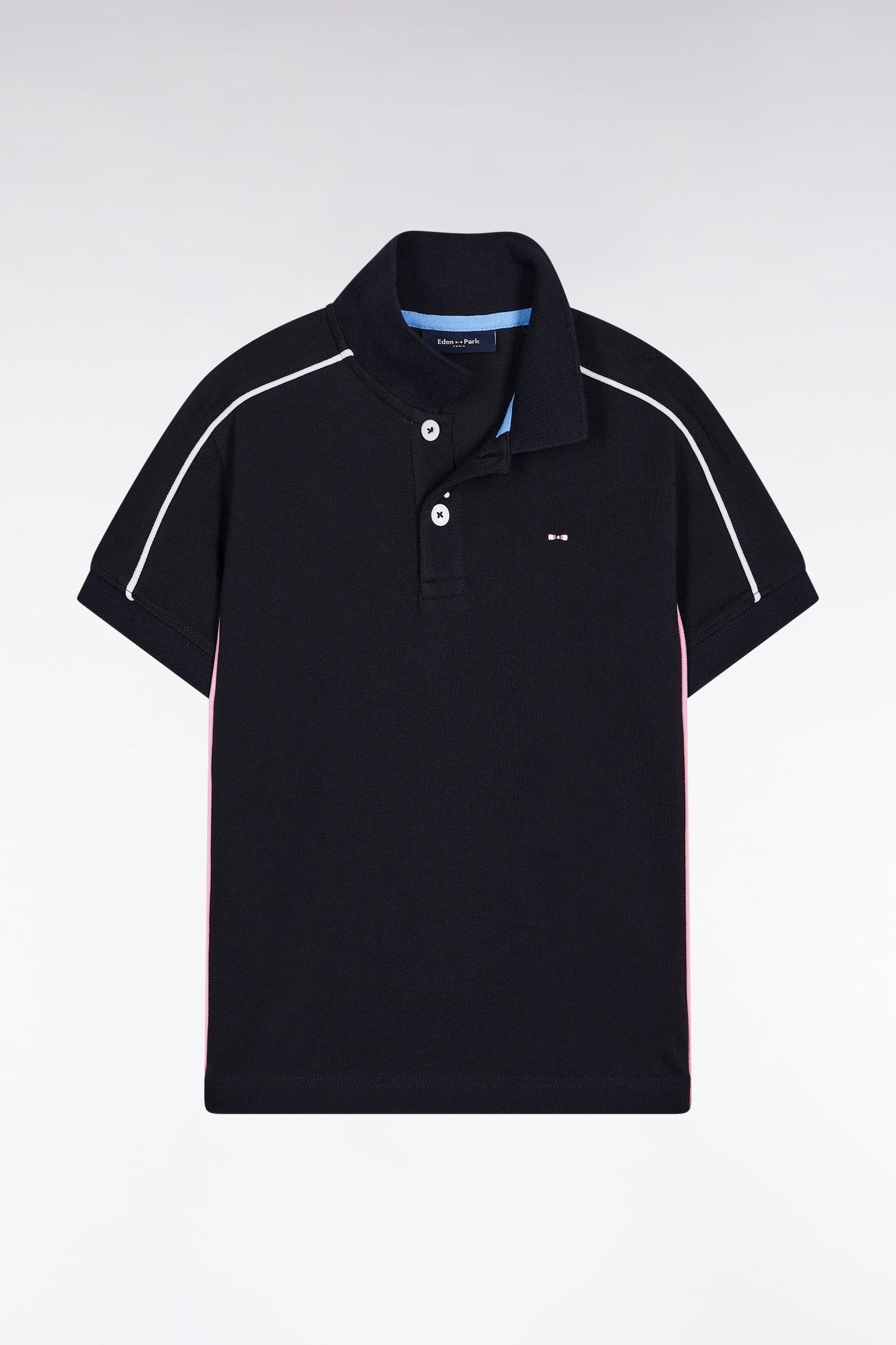Polo manches courtes en coton marine passepoils blancs coupe droite