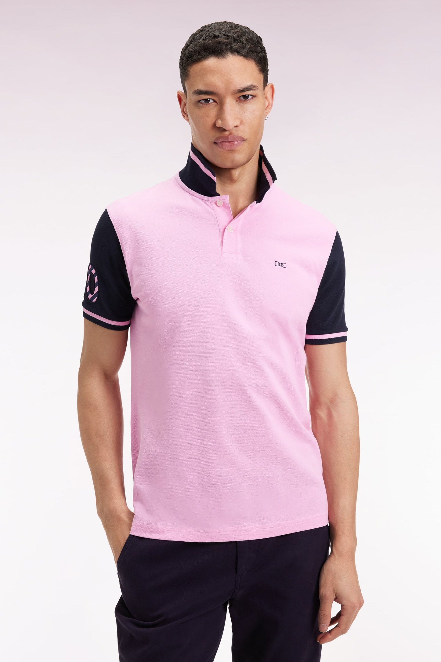 Polo bicolore à manches courtes en coton rose broderie 10