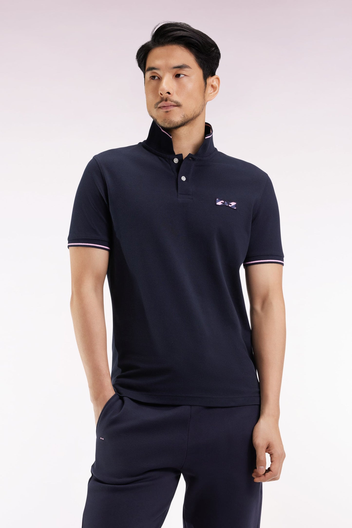 Polo à manches courtes en coton marine broderie cerclée