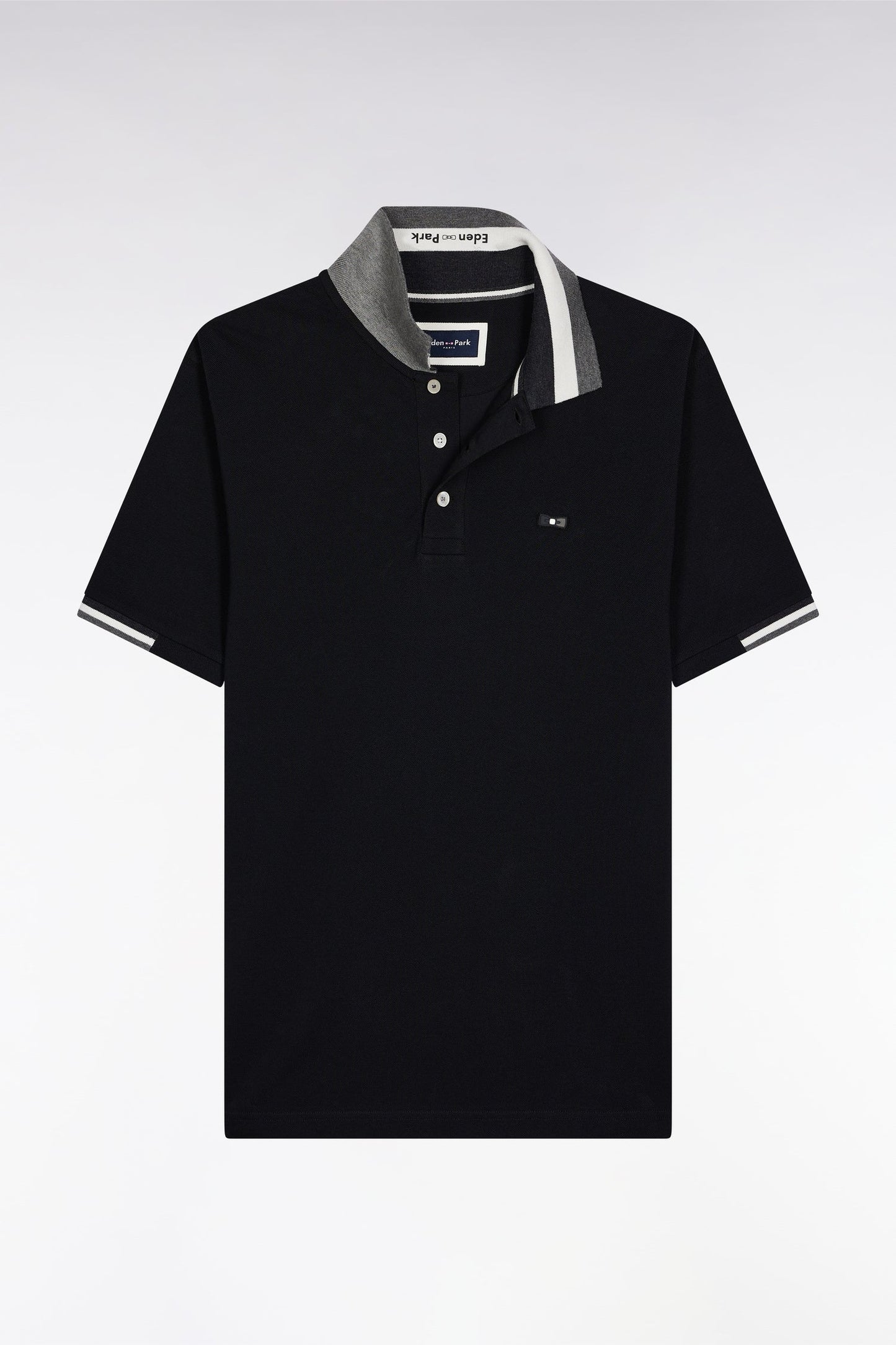 Polo manches courtes en coton noir détails tricolores coupe ample