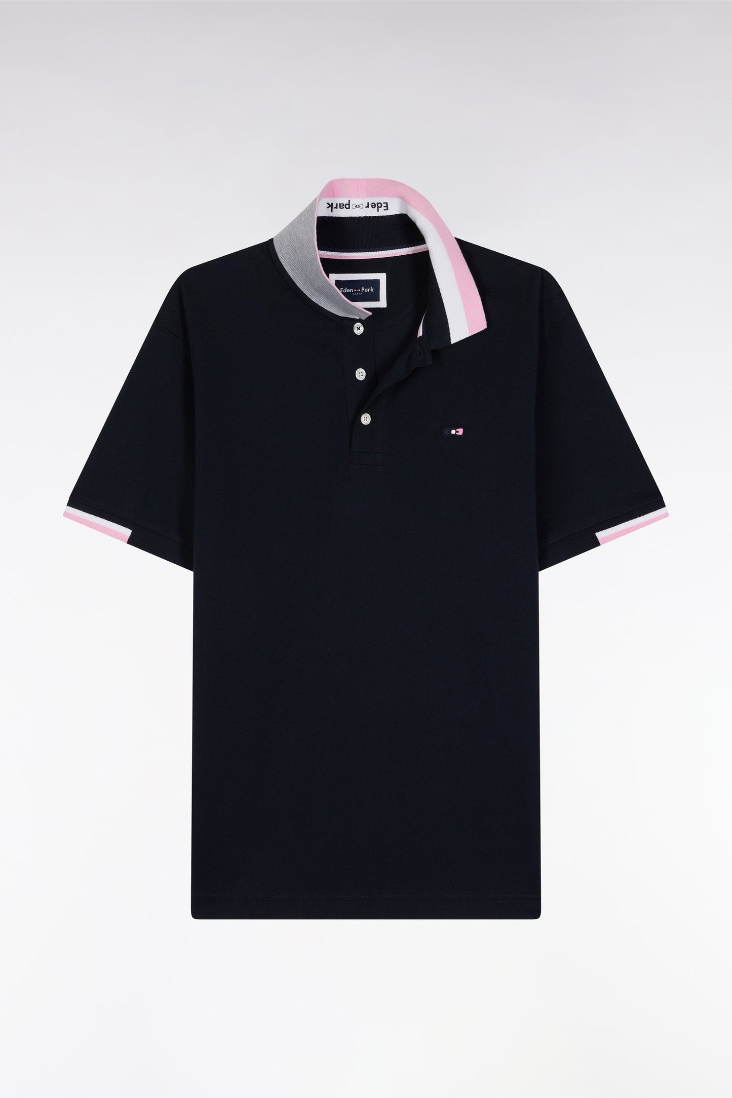 Polo manches courtes en coton marine détails tricolores coupe ample