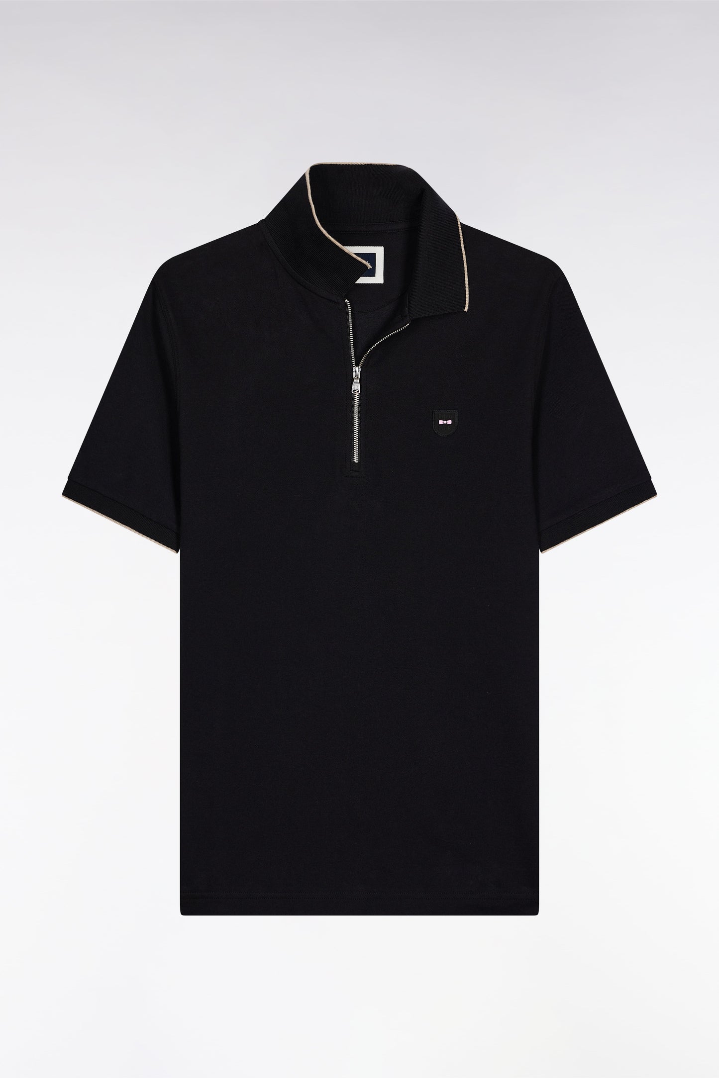 Polo manches courtes en piqué coton stretch noir zippé coupe slim