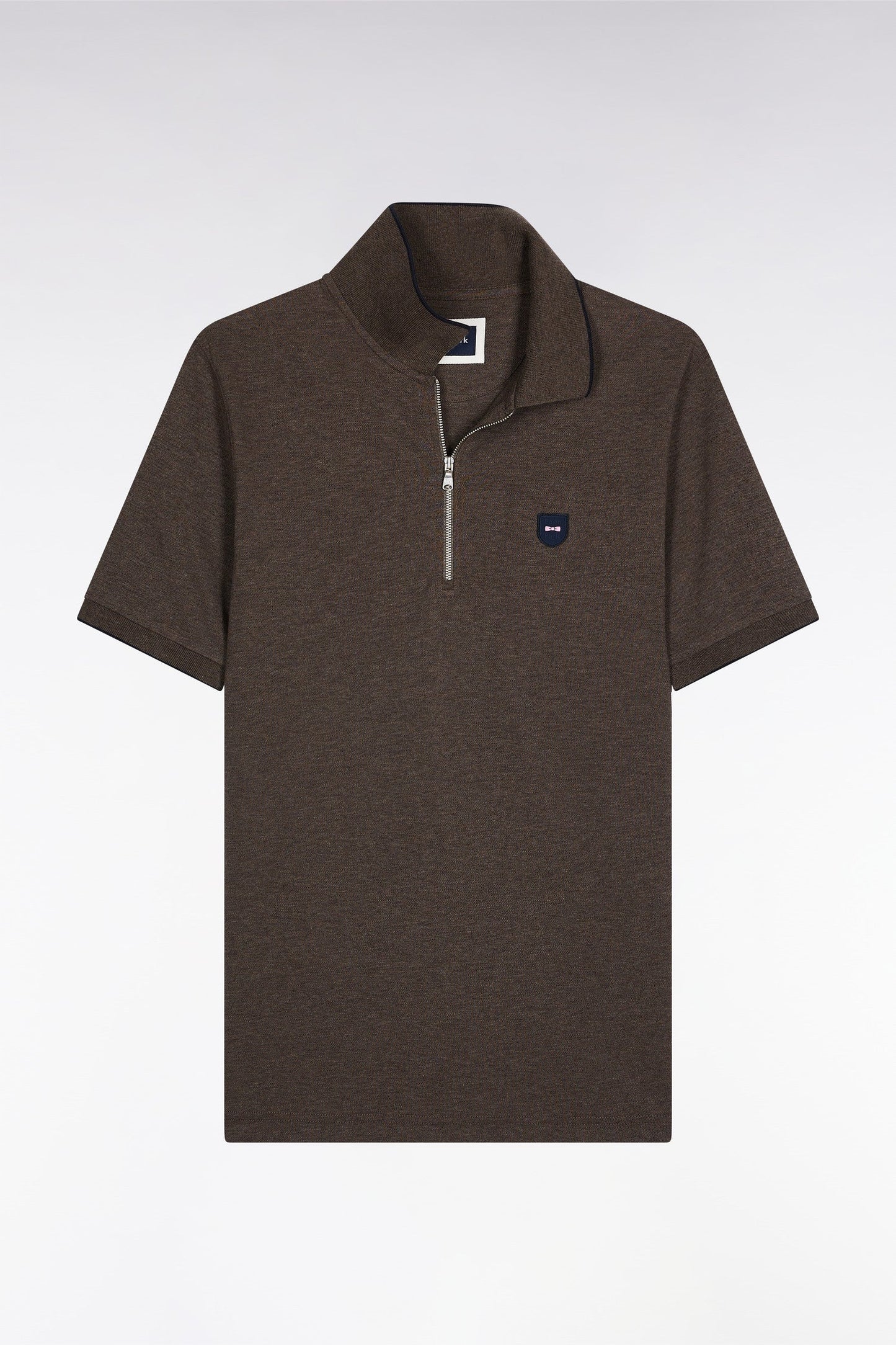 Polo manches courtes en piqué coton stretch marron zippé coupe slim