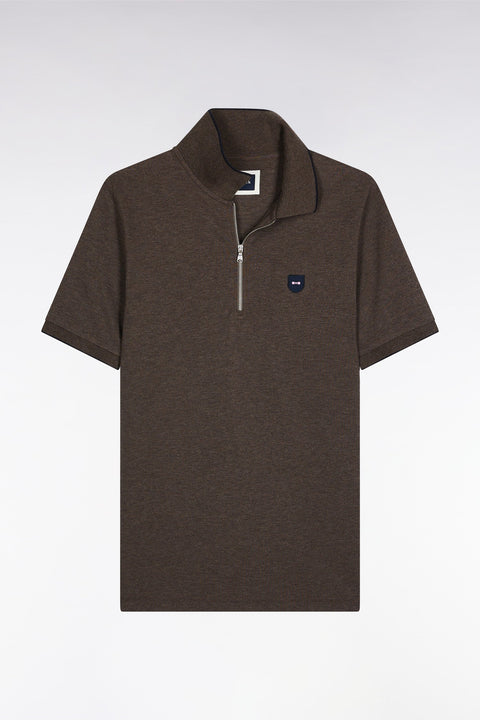 Polo manches courtes en piqué coton stretch marron zippé coupe slim - Image 2