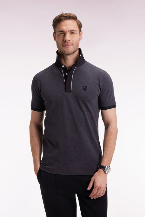 Polo manches courtes en piqué coton stretch gris coupe slim - Image 1