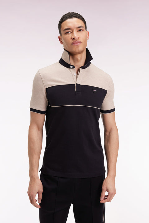 Polo bicolore manches courtes en piqué coton stretch noir coupe slim - Image 1