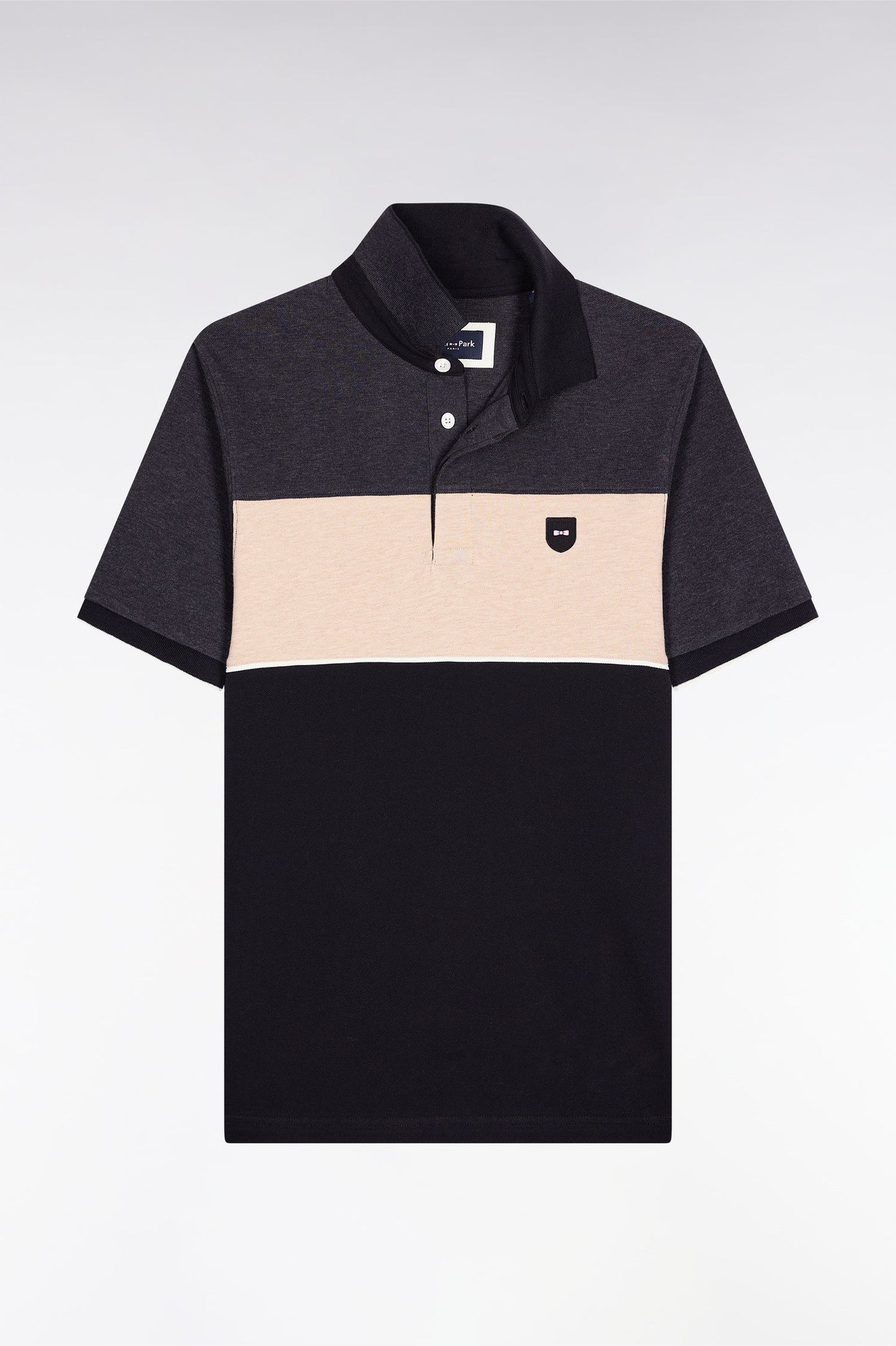 Polo tricolore manches courtes en piqué coton stretch gris coupe slim