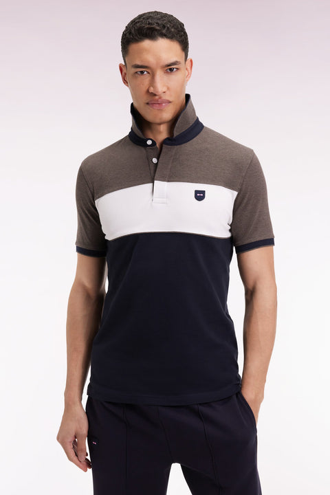 Polo tricolore manches courtes en piqué coton stretch marron coupe slim - Image 1