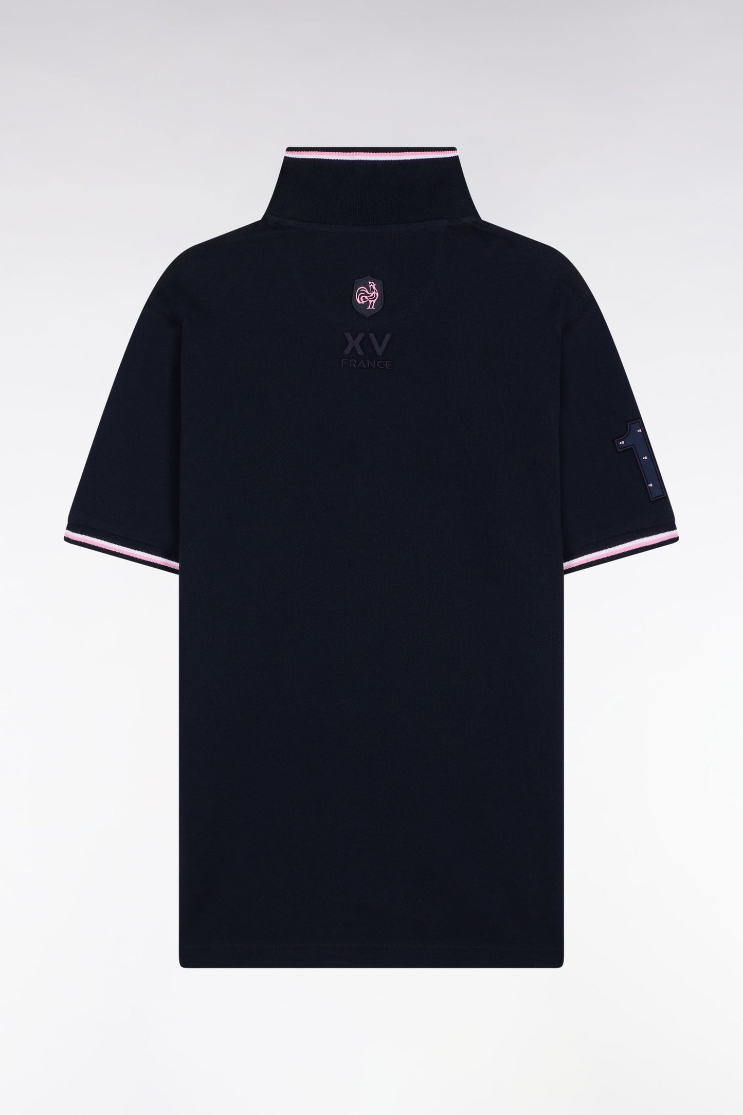 Polo manches courtes marine finitions tricolores coupe droite