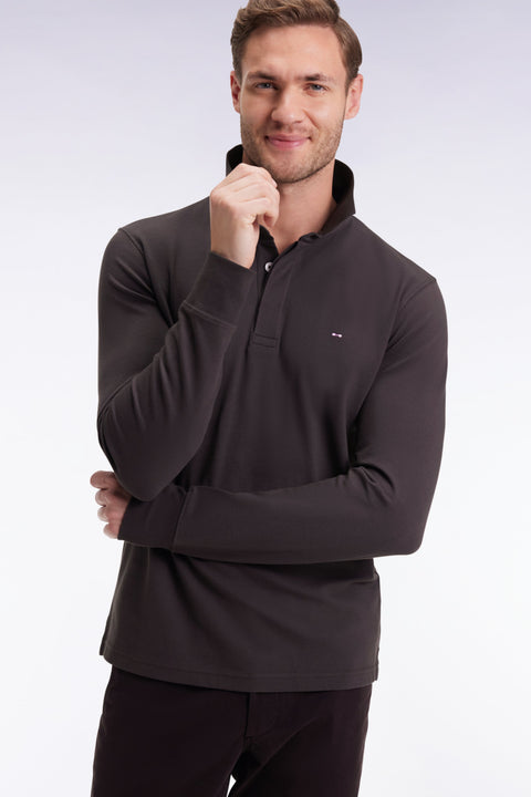 Polo à manches longues en coton stretch marron coupe slim - Image 3