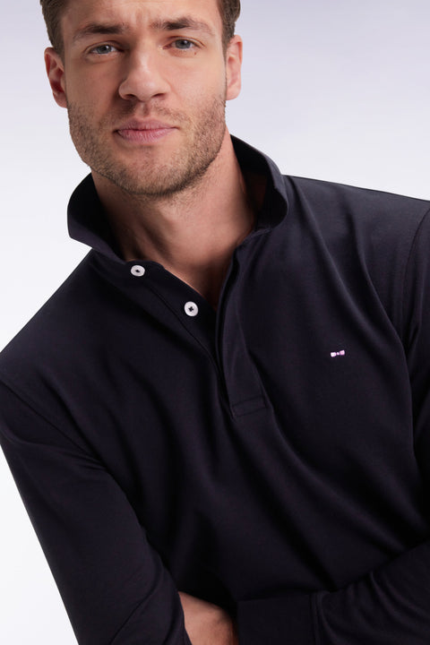 Polo à manches longues en coton stretch noir coupe slim - Image 3
