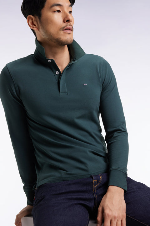 Polo à manches longues en coton stretch vert bouteille coupe slim - Image 3