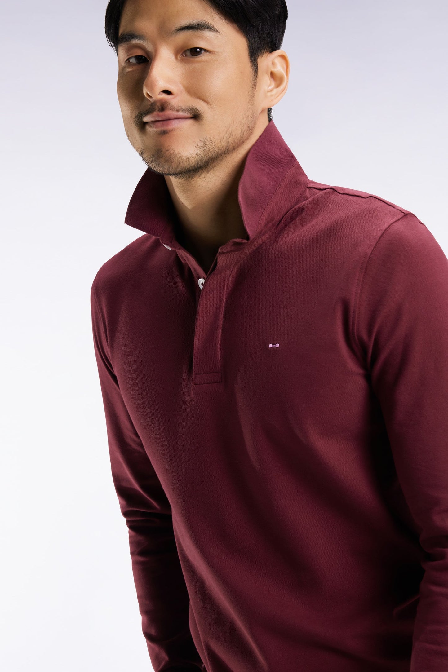 Polo à manches longues en coton stretch bordeaux coupe slim