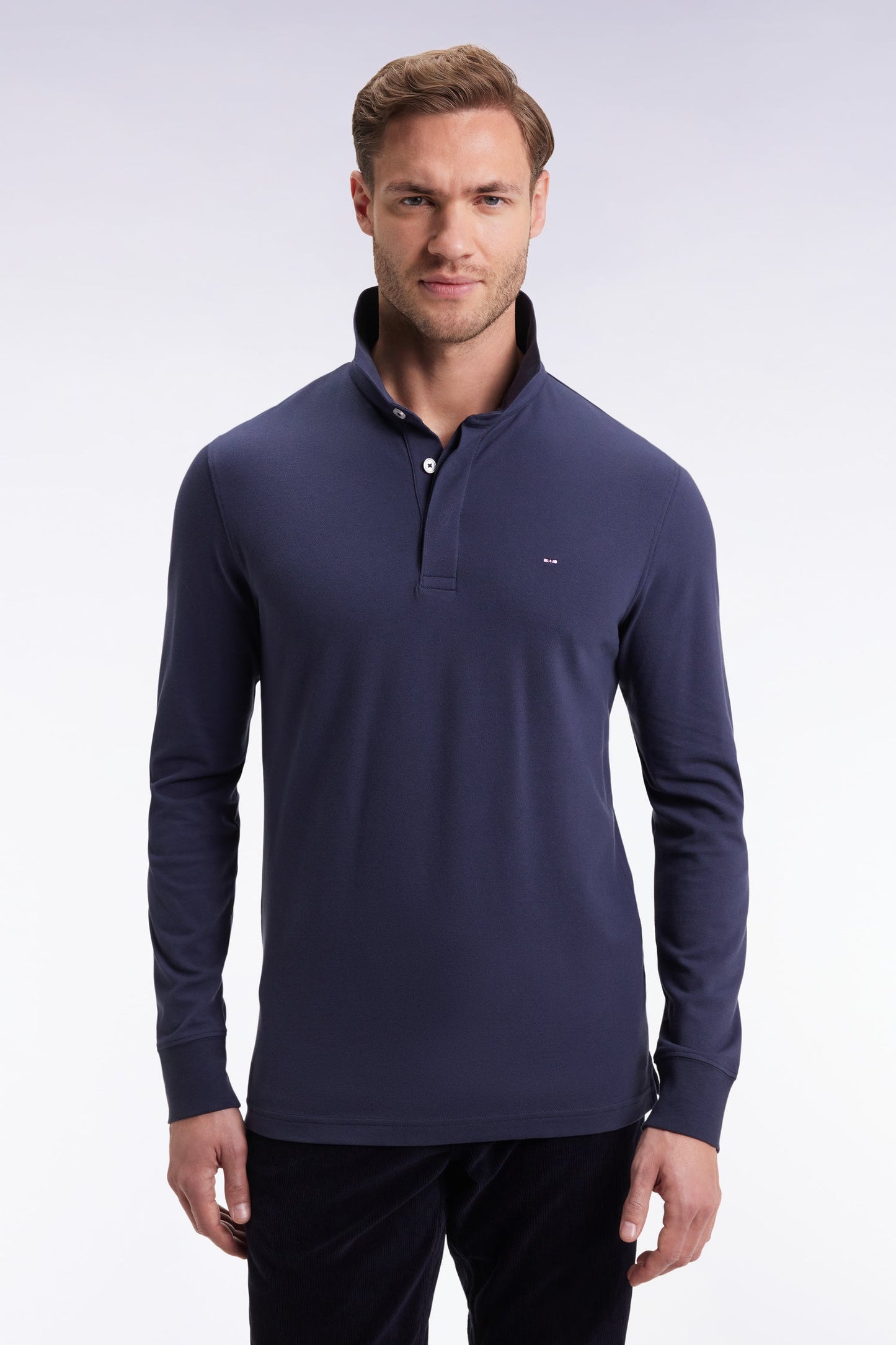 Polo à manches longues en coton stretch gris coupe slim