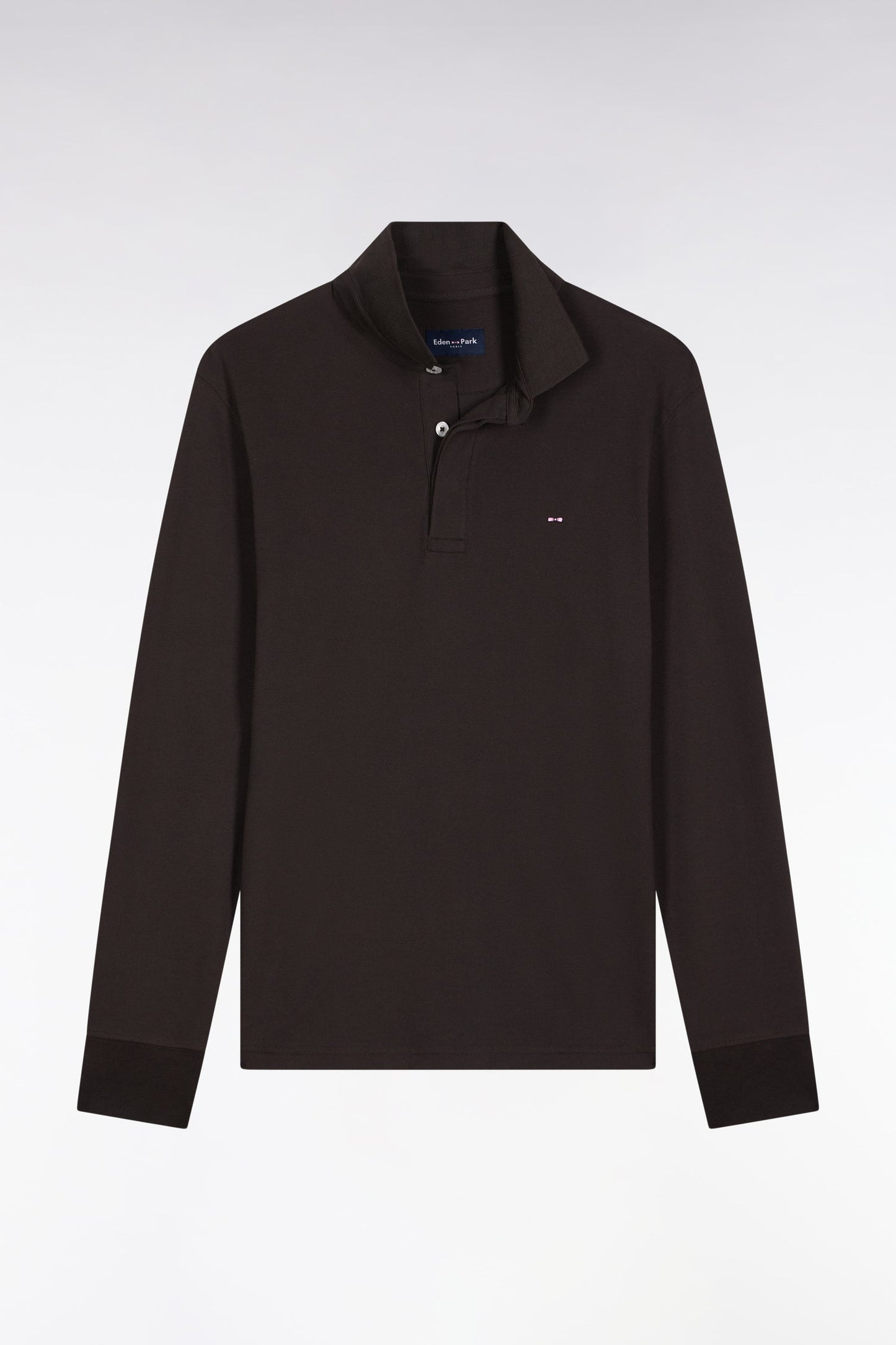 Polo à manches longues en coton stretch marron coupe slim