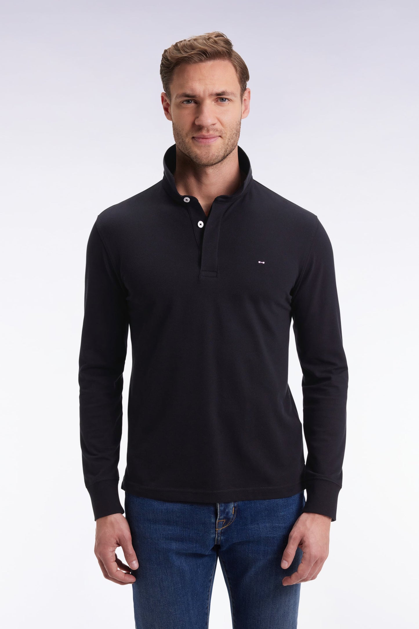 Polo à manches longues en coton stretch noir coupe slim