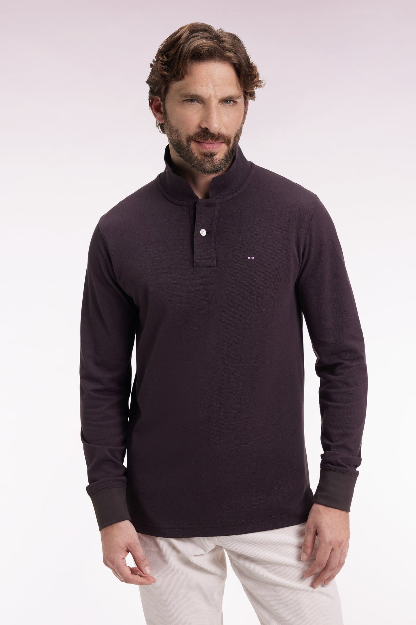 Polo à manches longues en coton Pima marron coupe droite