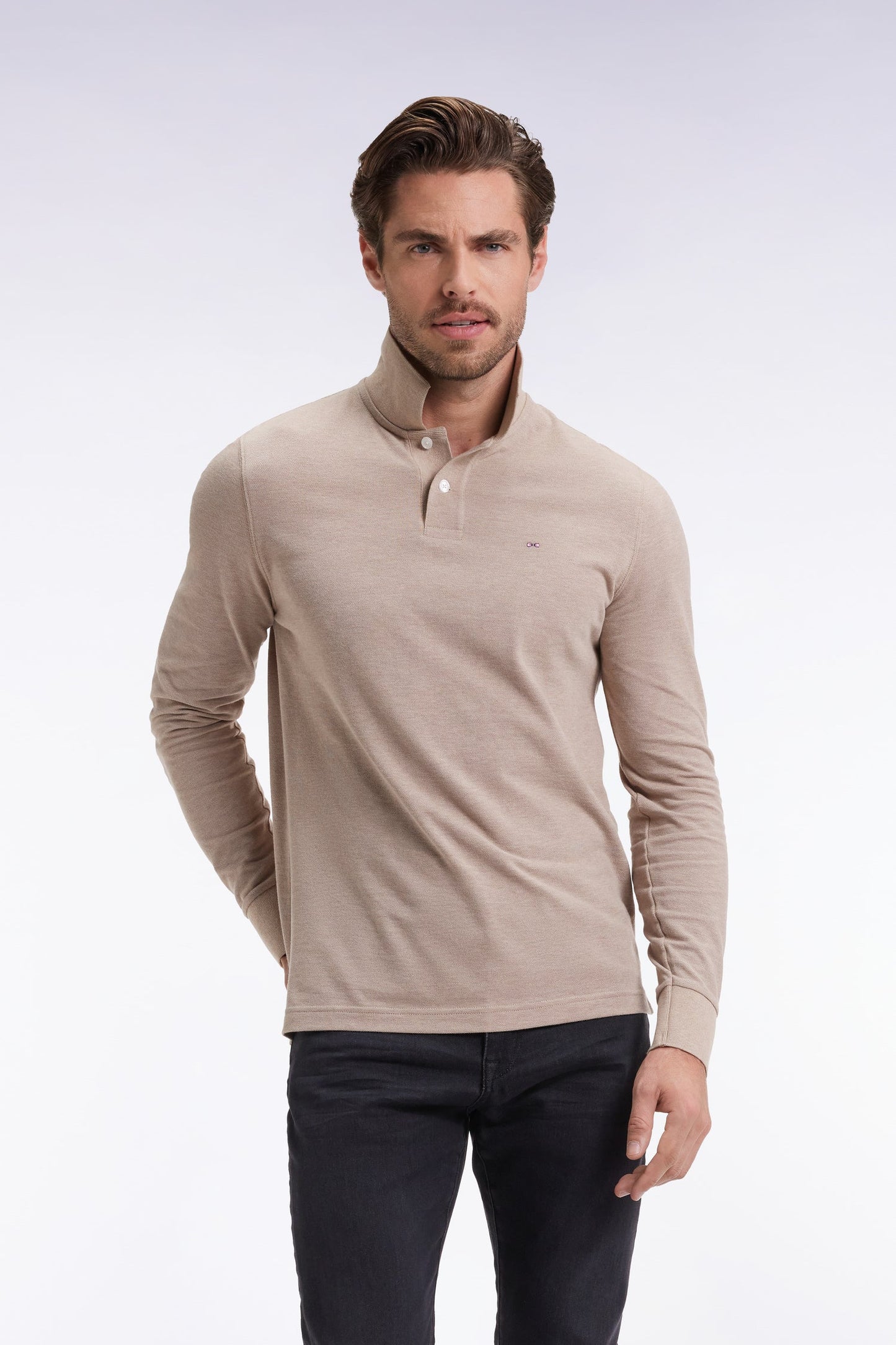 Polo à manches longues en coton chiné beige coupe droite