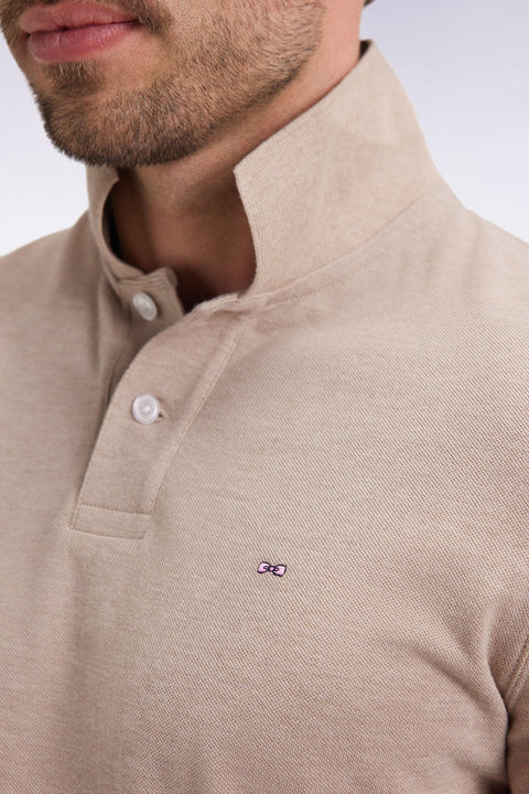 Polo à manches longues en coton chiné beige coupe droite - Image 3