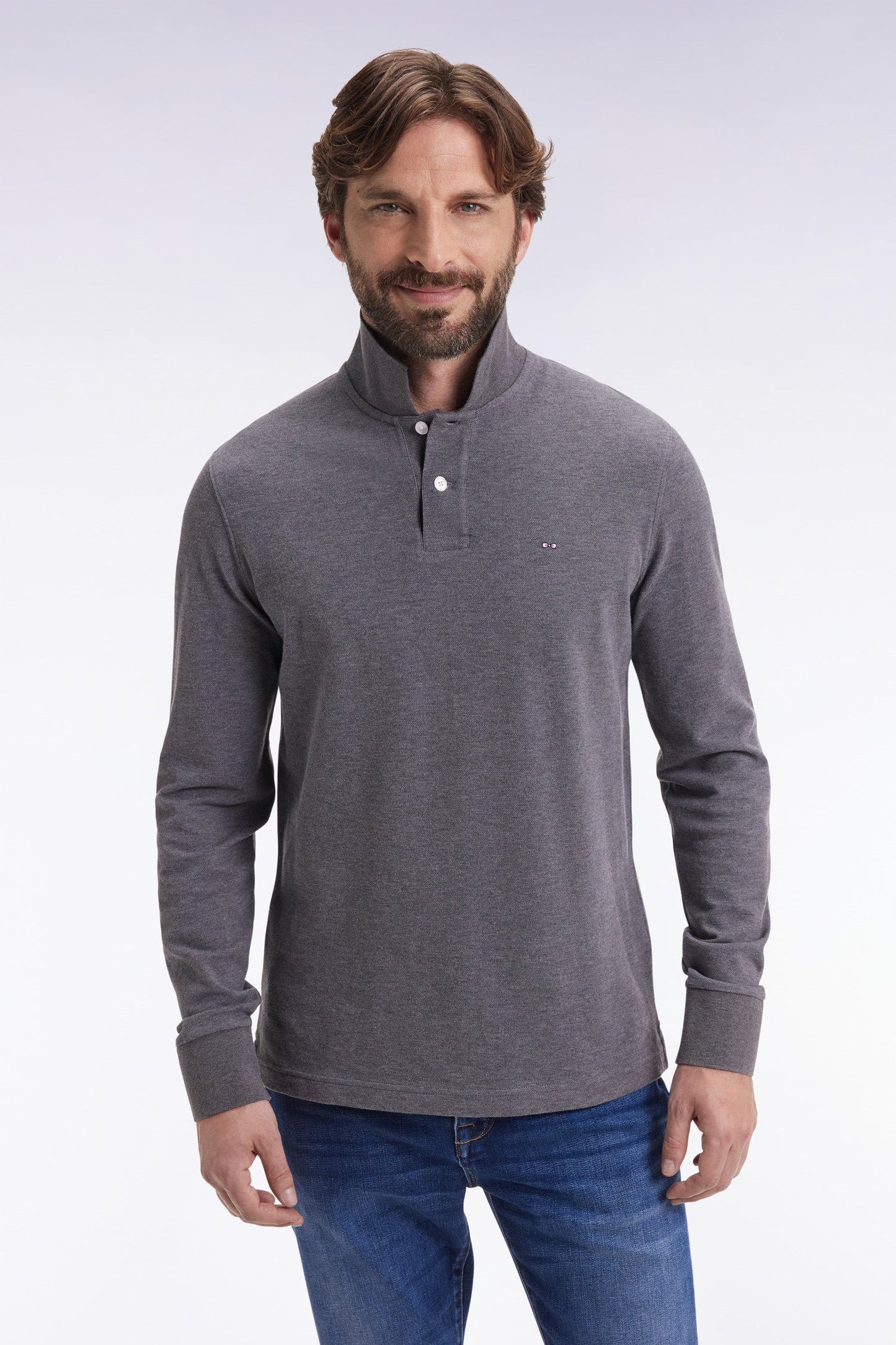 Polo à manches longues en coton chiné gris coupe droite