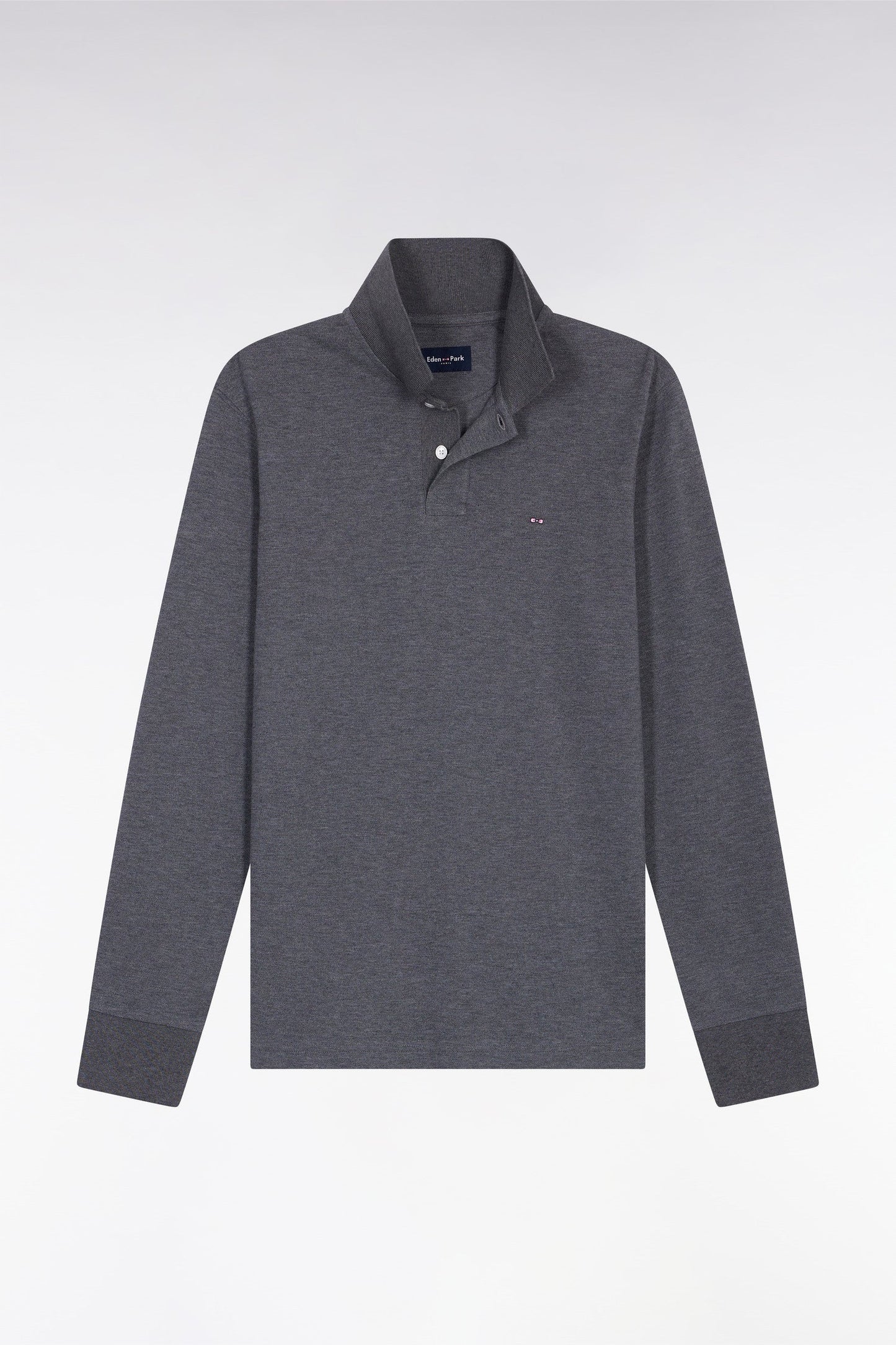 Polo à manches longues en coton chiné gris coupe droite