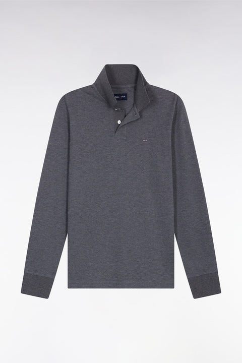 Polo à manches longues en coton chiné gris coupe droite - Image 2