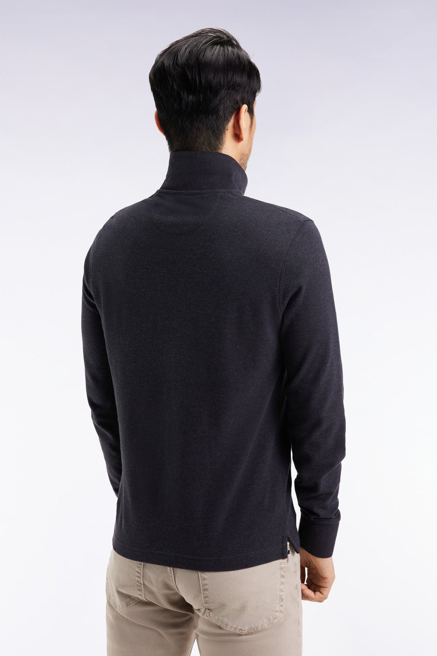 Polo à manches longues en coton chiné gris foncé coupe droite