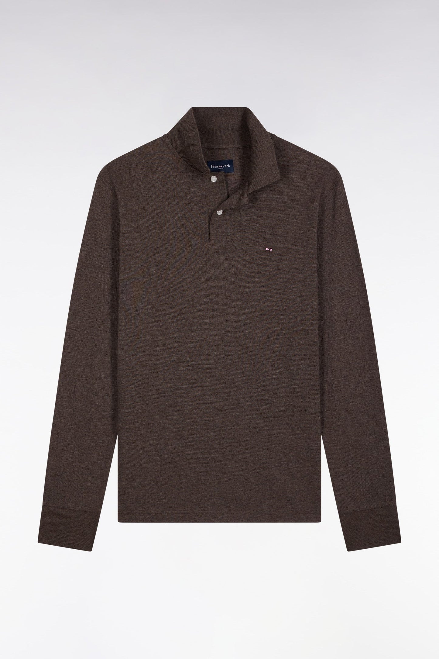 Polo à manches longues en coton chiné marron coupe droite