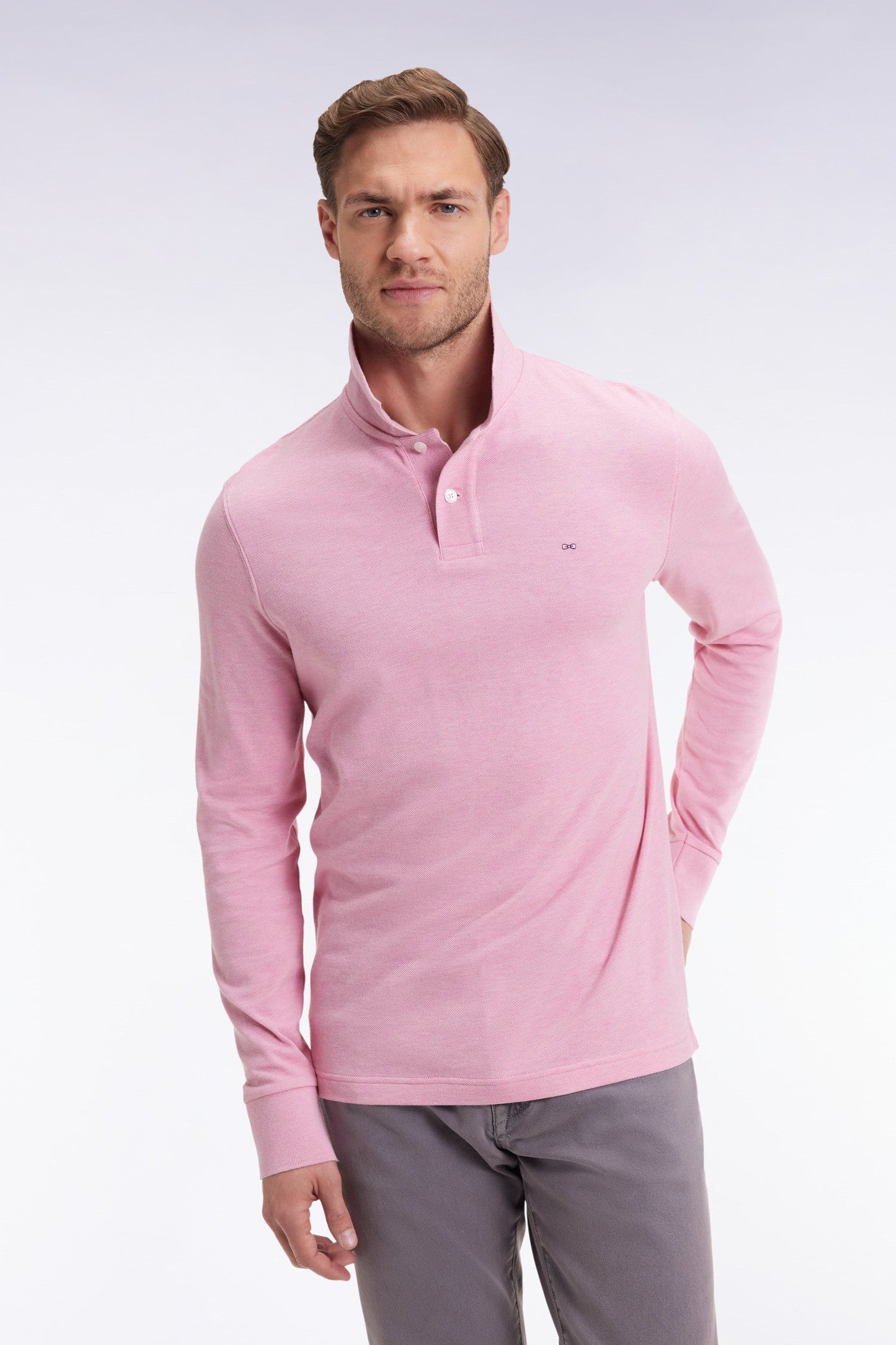 Polo à manches longues en coton chiné rose coupe droite