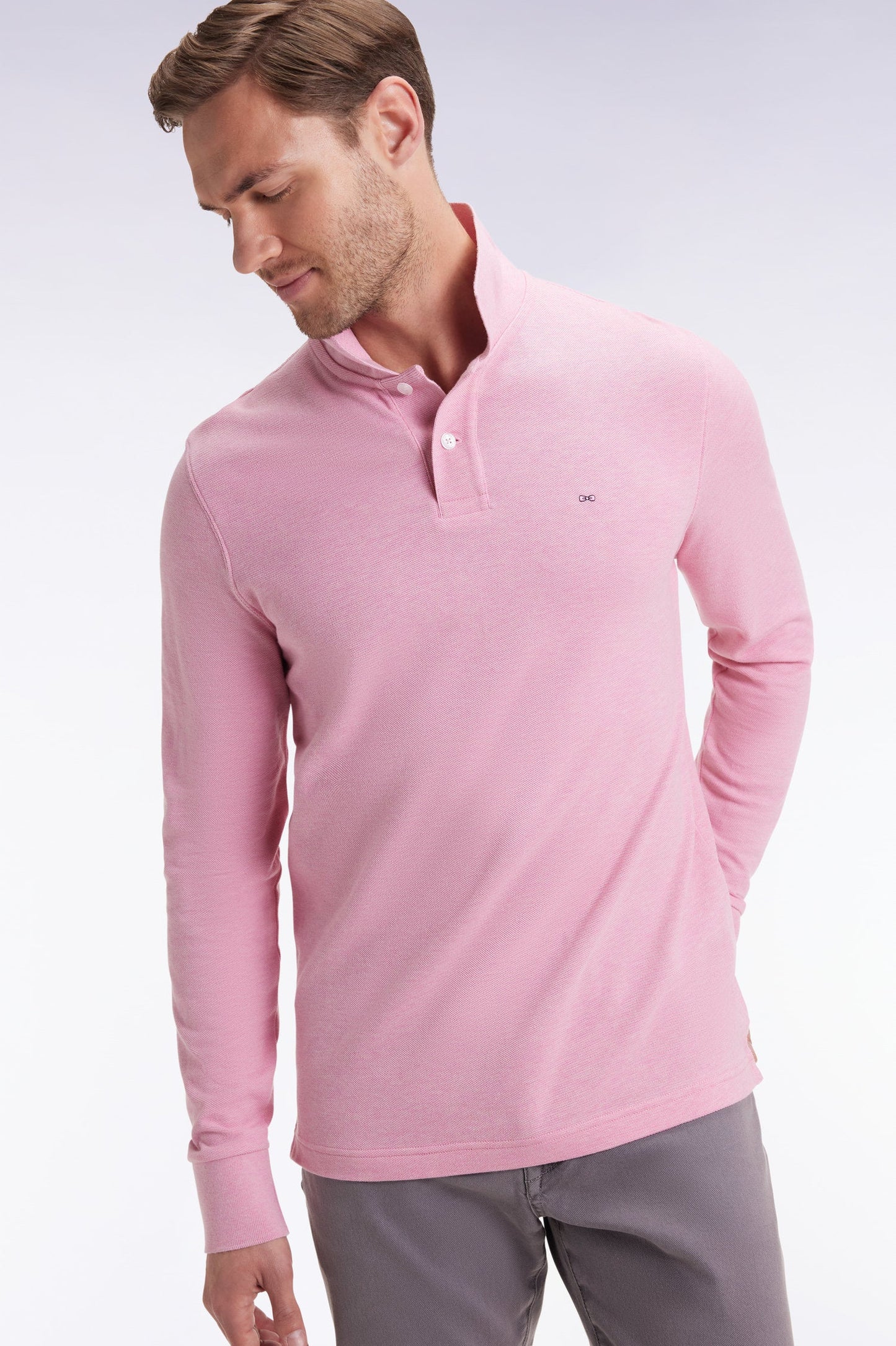 Polo à manches longues en coton chiné rose coupe droite