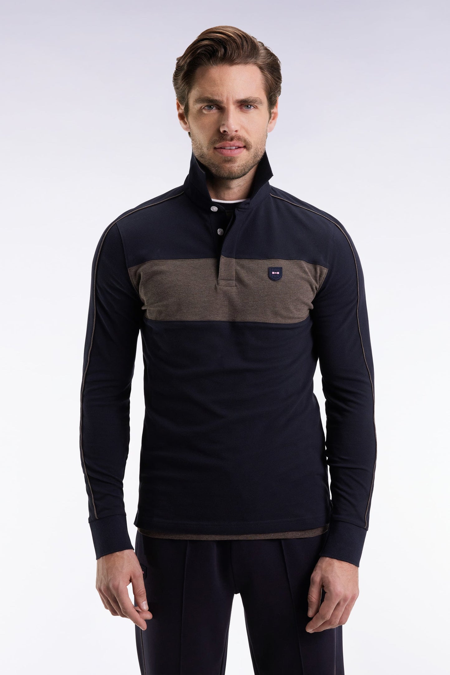 Polo tricolore à manches longues en coton stretch marine coupe slim
