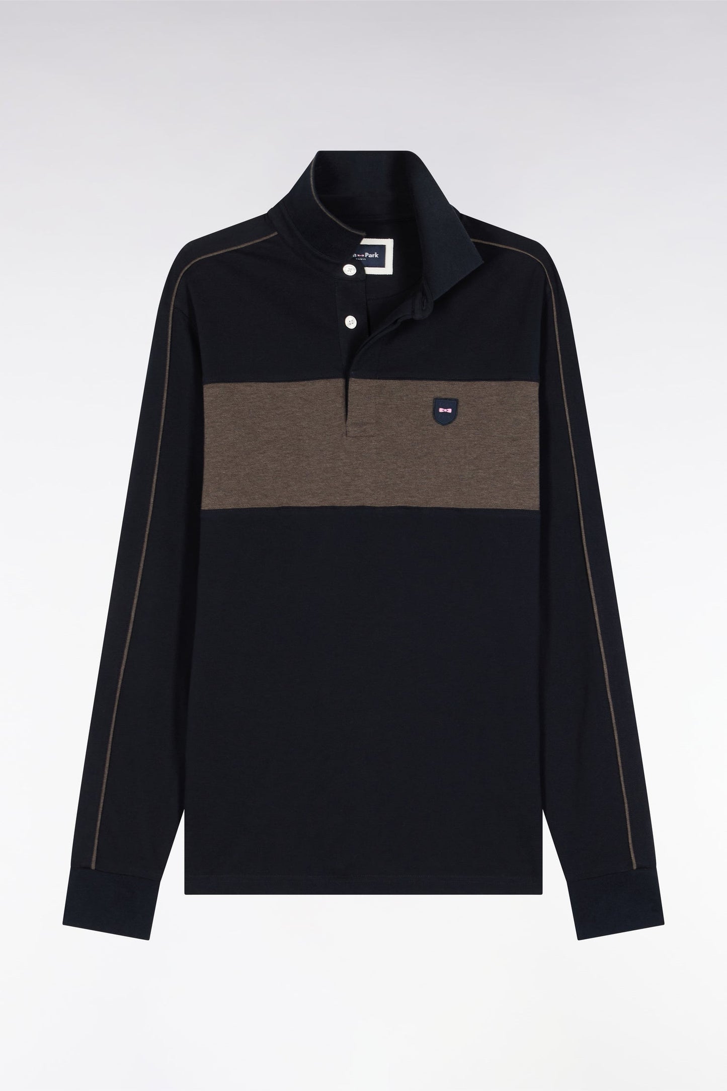 Polo tricolore à manches longues en coton stretch marine coupe slim
