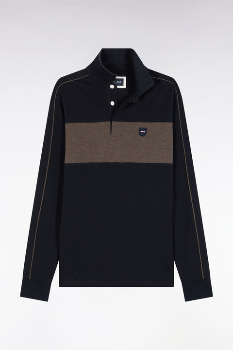 Polo tricolore à manches longues en coton stretch marine coupe slim - Image 2