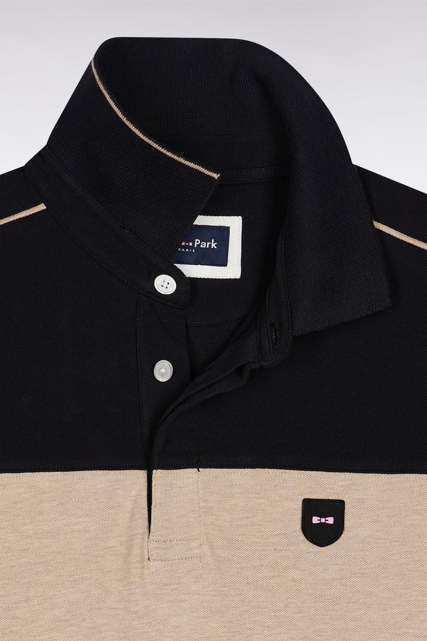 Polo tricolore à manches longues en coton stretch noir coupe slim