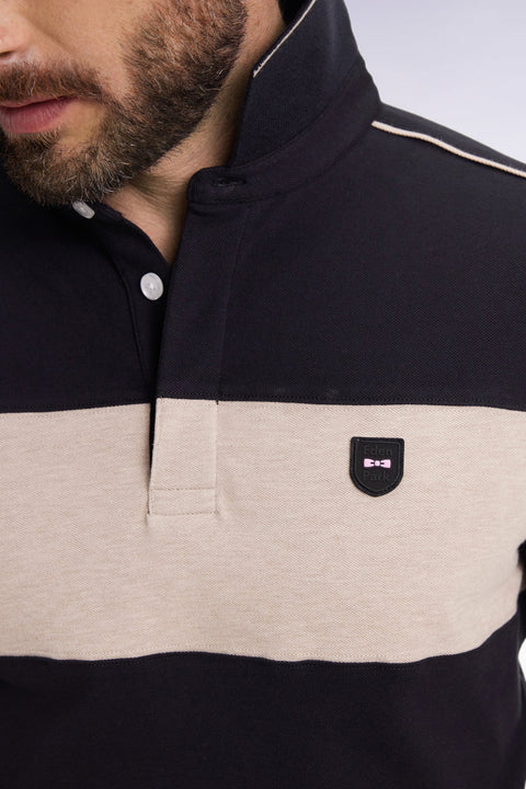 Polo tricolore à manches longues en coton stretch noir coupe slim - Image 3
