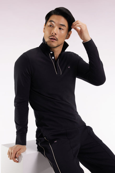 Polo à manches longues en coton stretch noir passepoilé coupe slim - Image 3