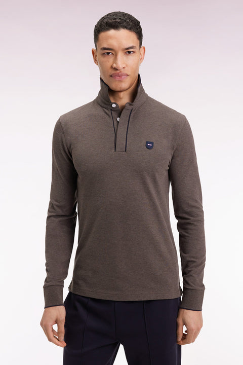 Polo à manches longues en coton stretch marron passepoilé coupe slim - Image 1
