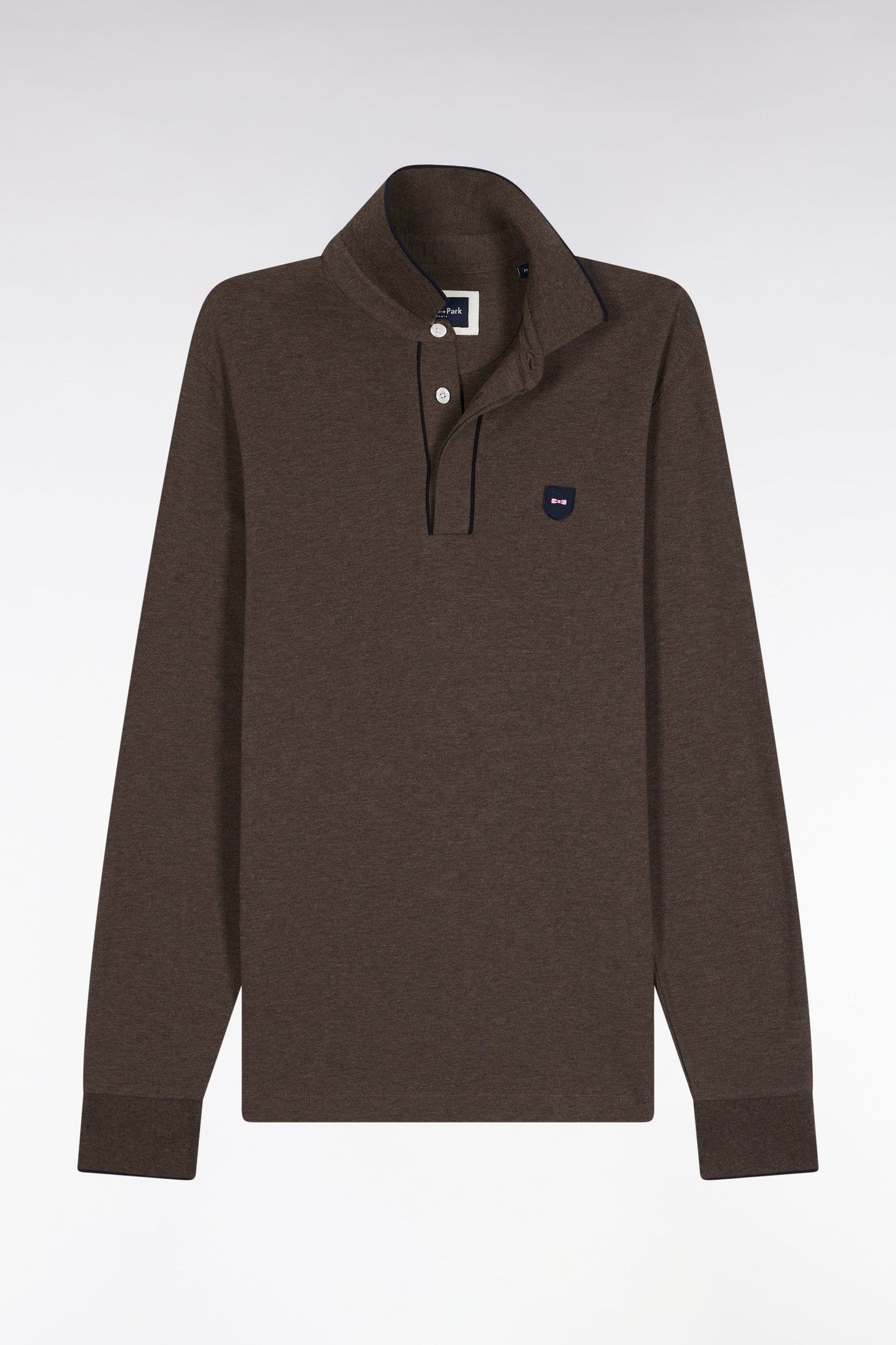 Polo à manches longues en coton stretch marron passepoilé coupe slim