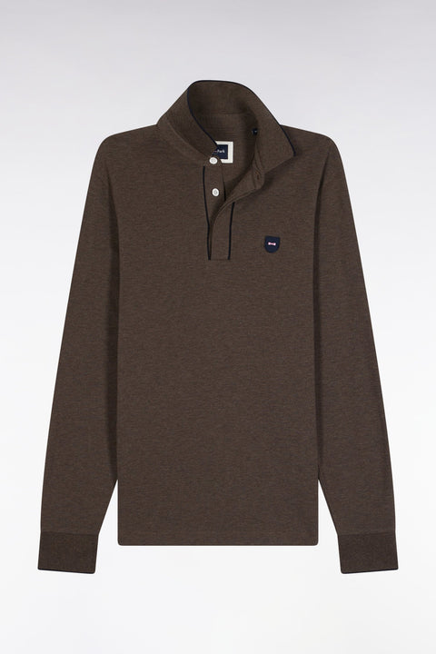 Polo à manches longues en coton stretch marron passepoilé coupe slim - Image 2