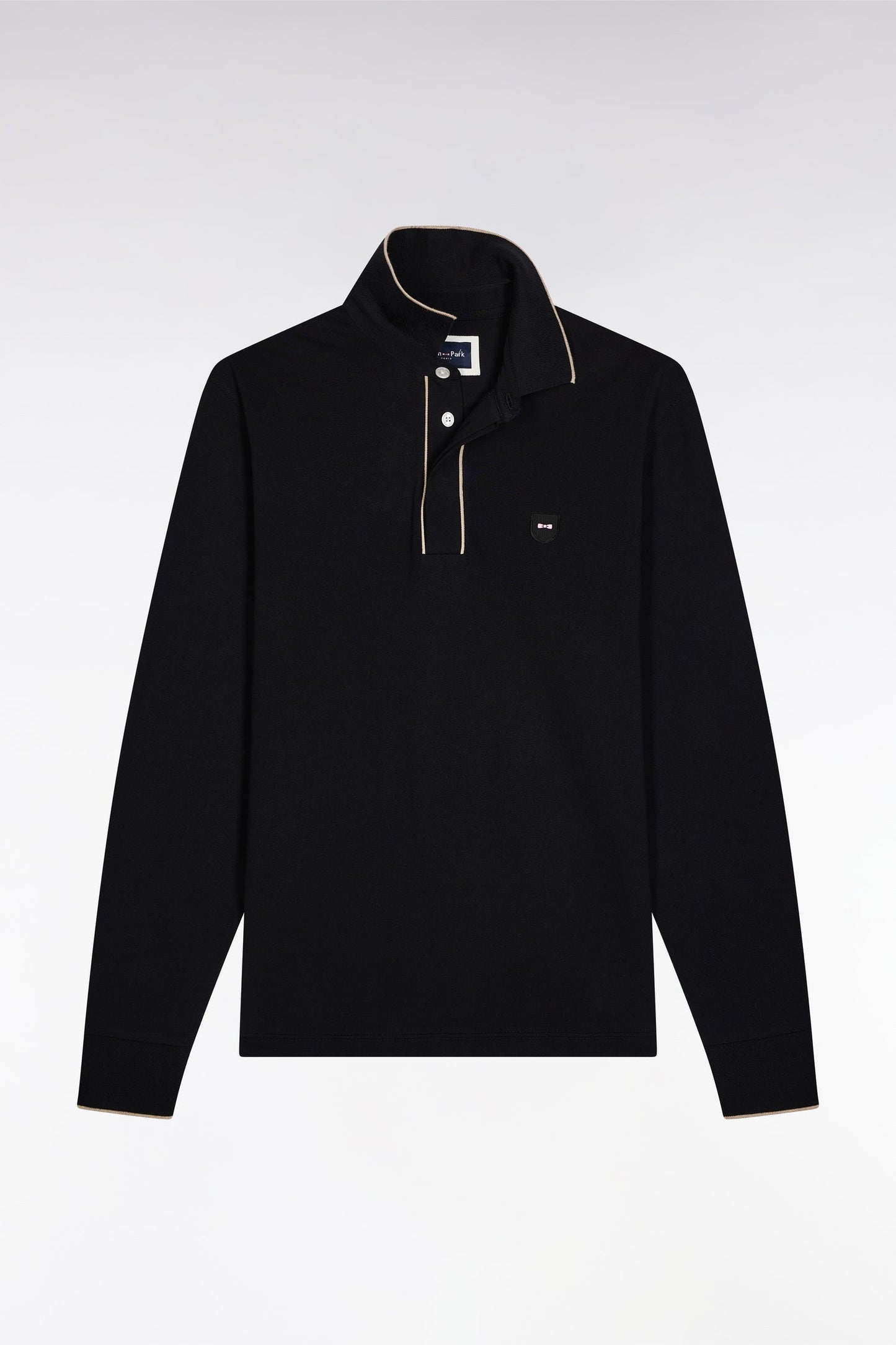 Polo à manches longues en coton stretch noir passepoilé coupe slim