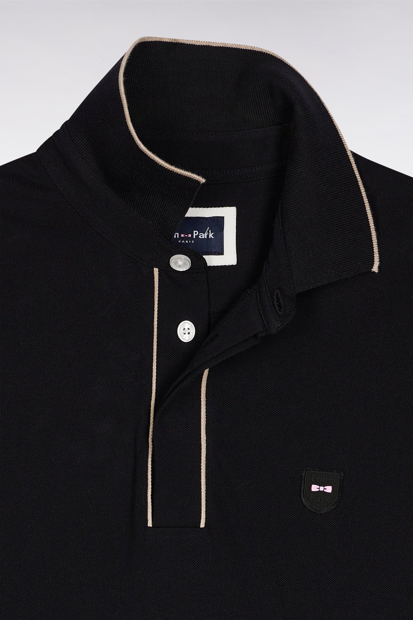 Polo à manches longues en coton stretch noir passepoilé coupe slim